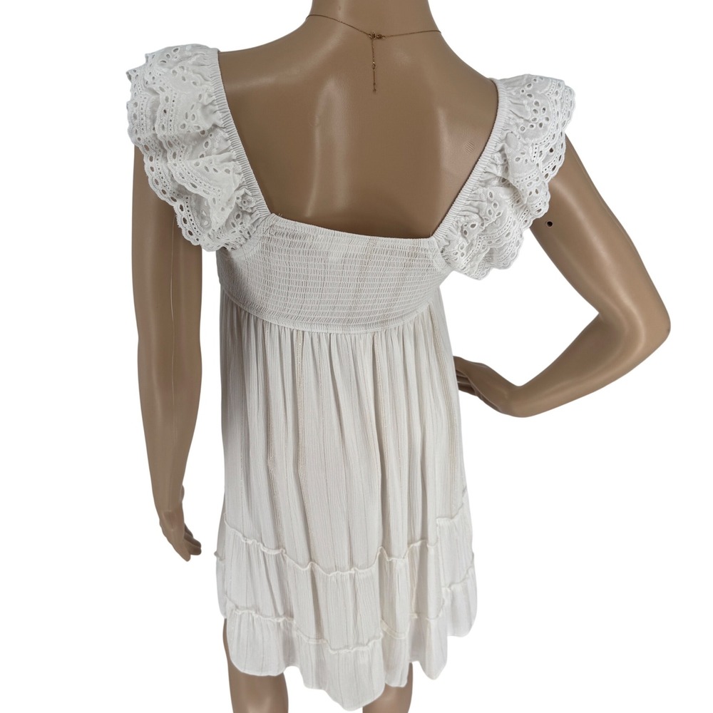 White w/ Metallic Thread Smocked Eyelet Ruffle Sleeve Tiered Mini Dress Small - Picture 4 of 16